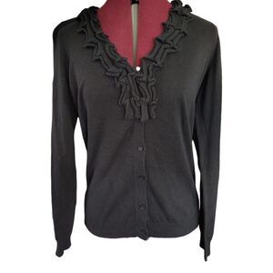 Talbots Black Long Sleeve Ruffle Neckline Sweater Cardigan Size S
